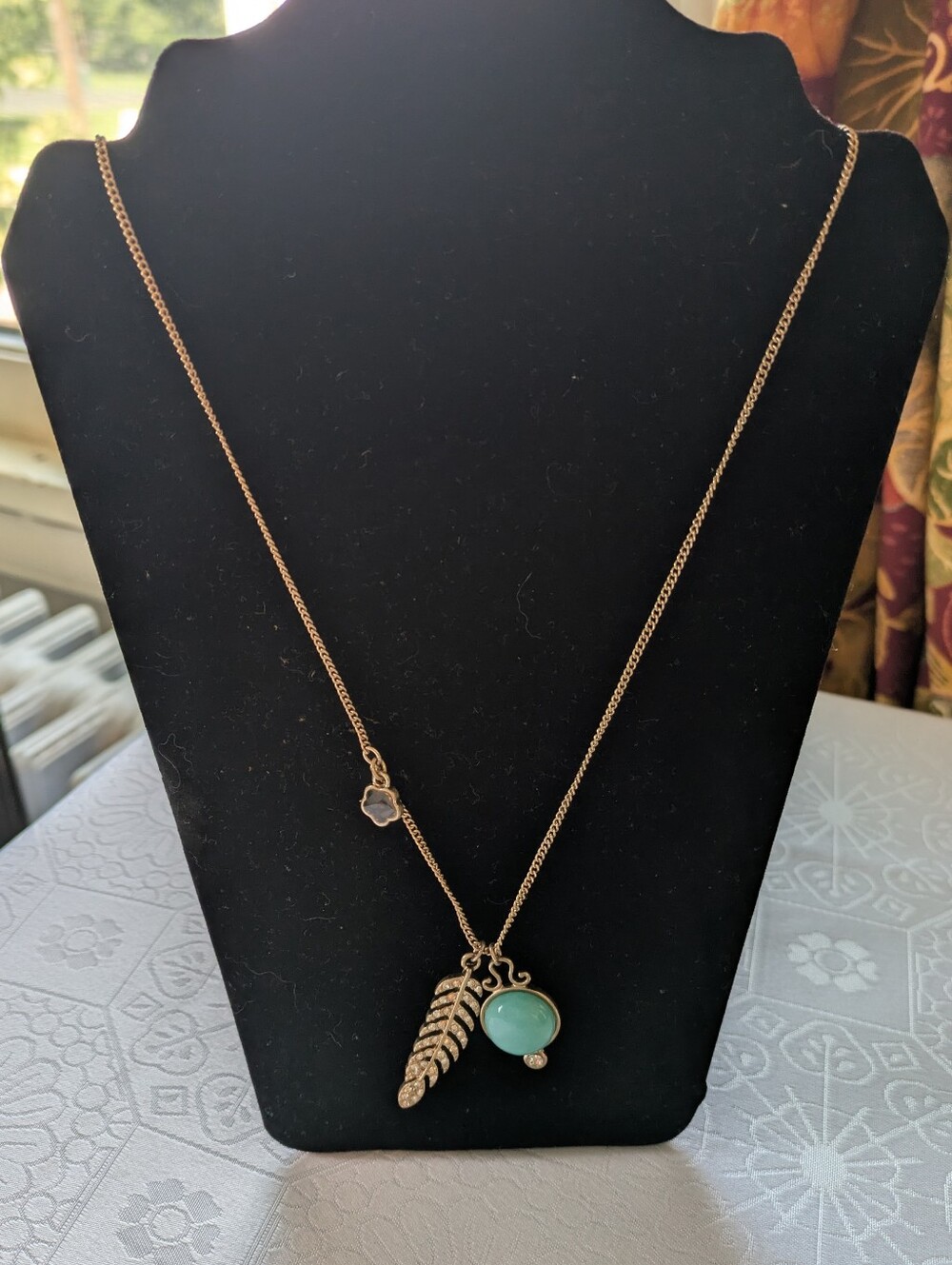 Gold Tone Boho, Turquoise, Feather & Mustard Seed Necklace (Matt. 17:20)